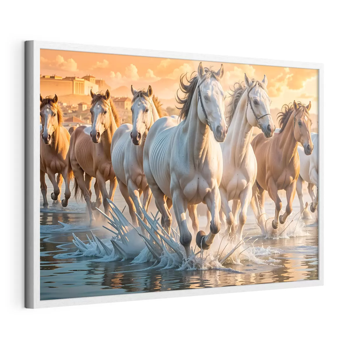 Poster Eine Herde weißer Pferde, die durch seichtes Wasser laufen, mit einem orangefarbenen Himmel im Hintergrund f41740