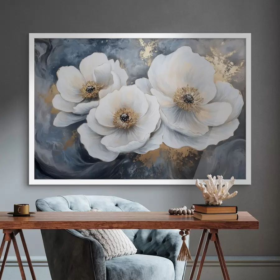 Fototapete Weiße zarte Blumen vor einem Hintergrund von Ölgemälde Striche f41833