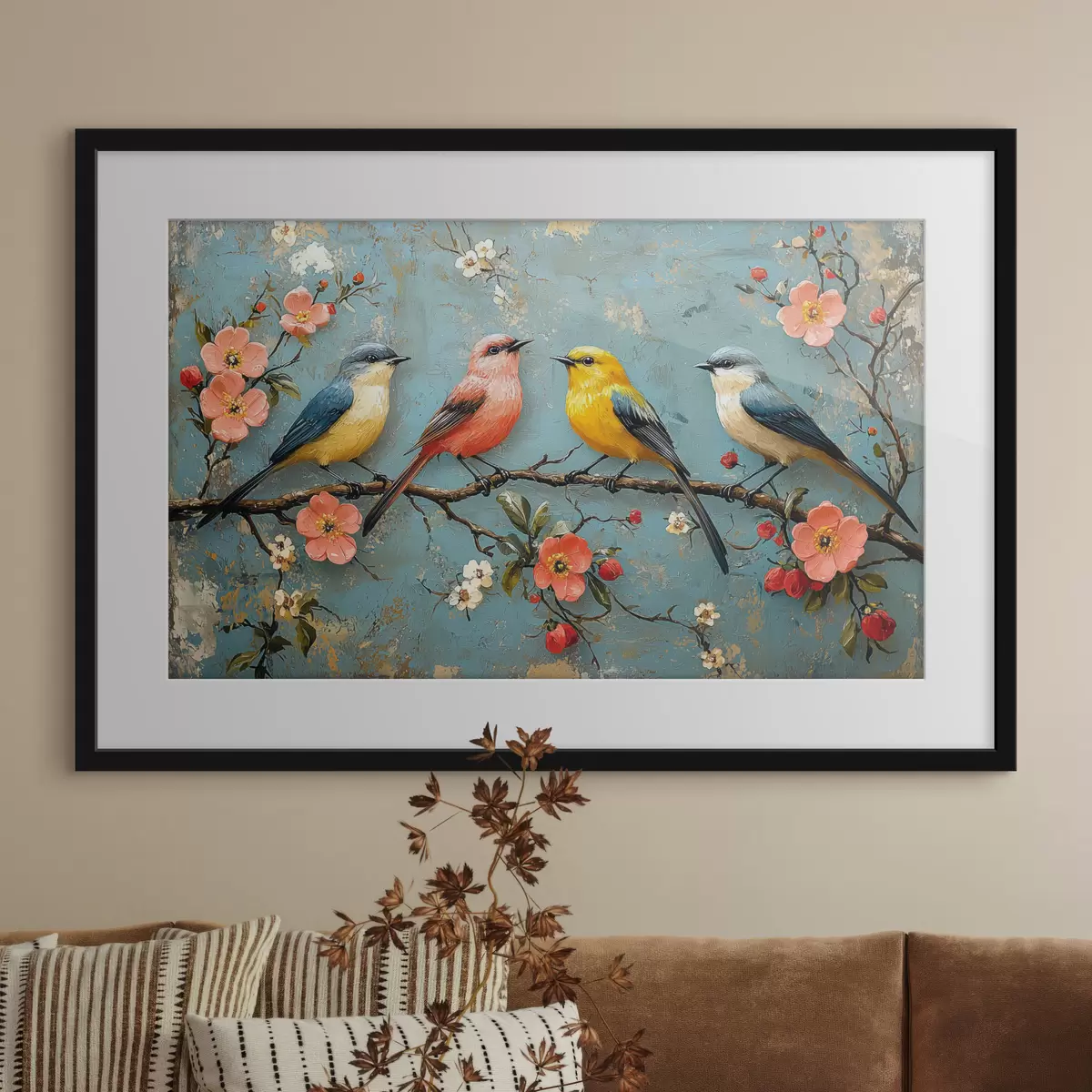 Poster Vögel auf einem Sakura-Zweig im Stil der Ölmalerei f41834