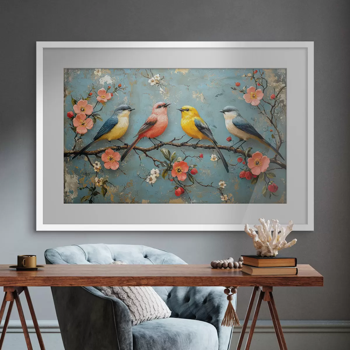Poster Vögel auf einem Sakura-Zweig im Stil der Ölmalerei f41834