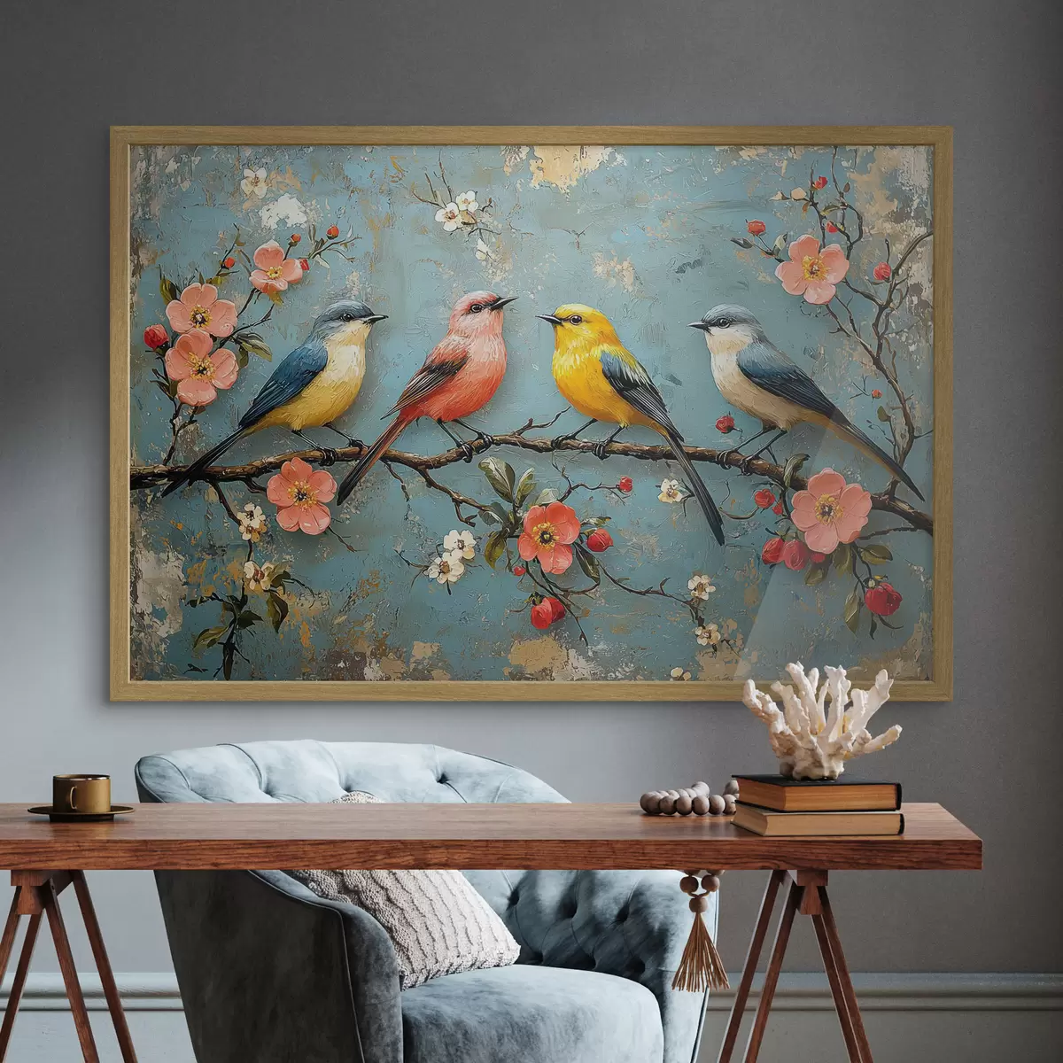 Poster Vögel auf einem Sakura-Zweig im Stil der Ölmalerei f41834