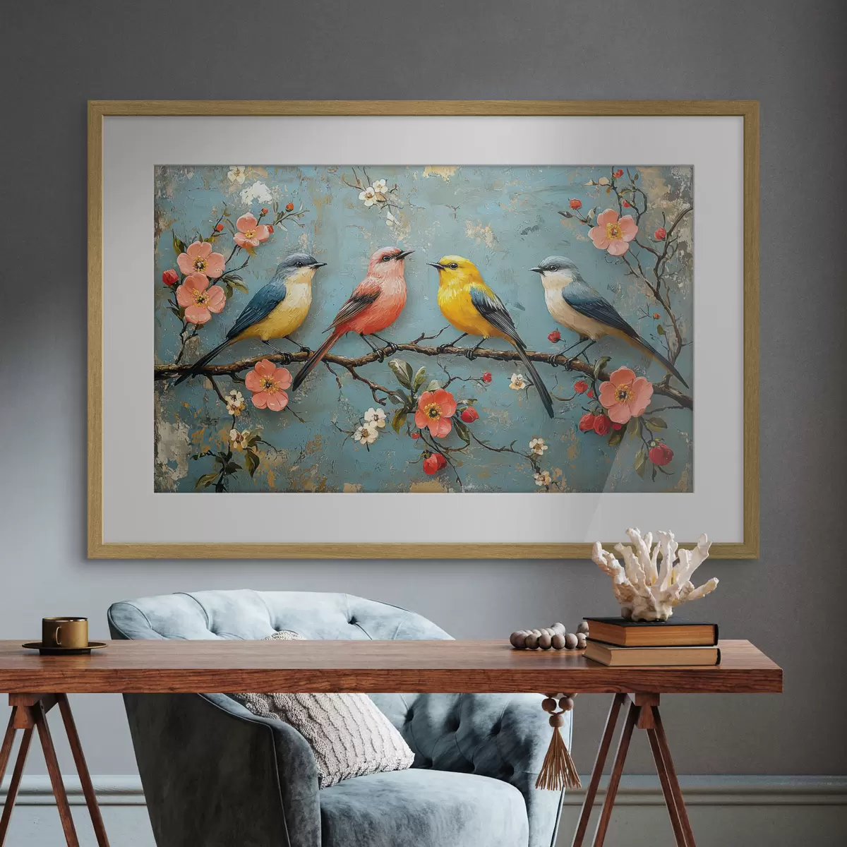 Poster Vögel auf einem Sakura-Zweig im Stil der Ölmalerei f41834