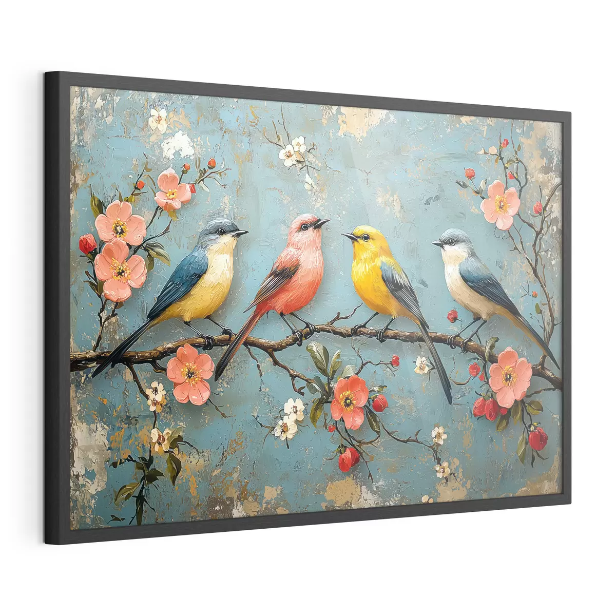 Poster Vögel auf einem Sakura-Zweig im Stil der Ölmalerei f41834