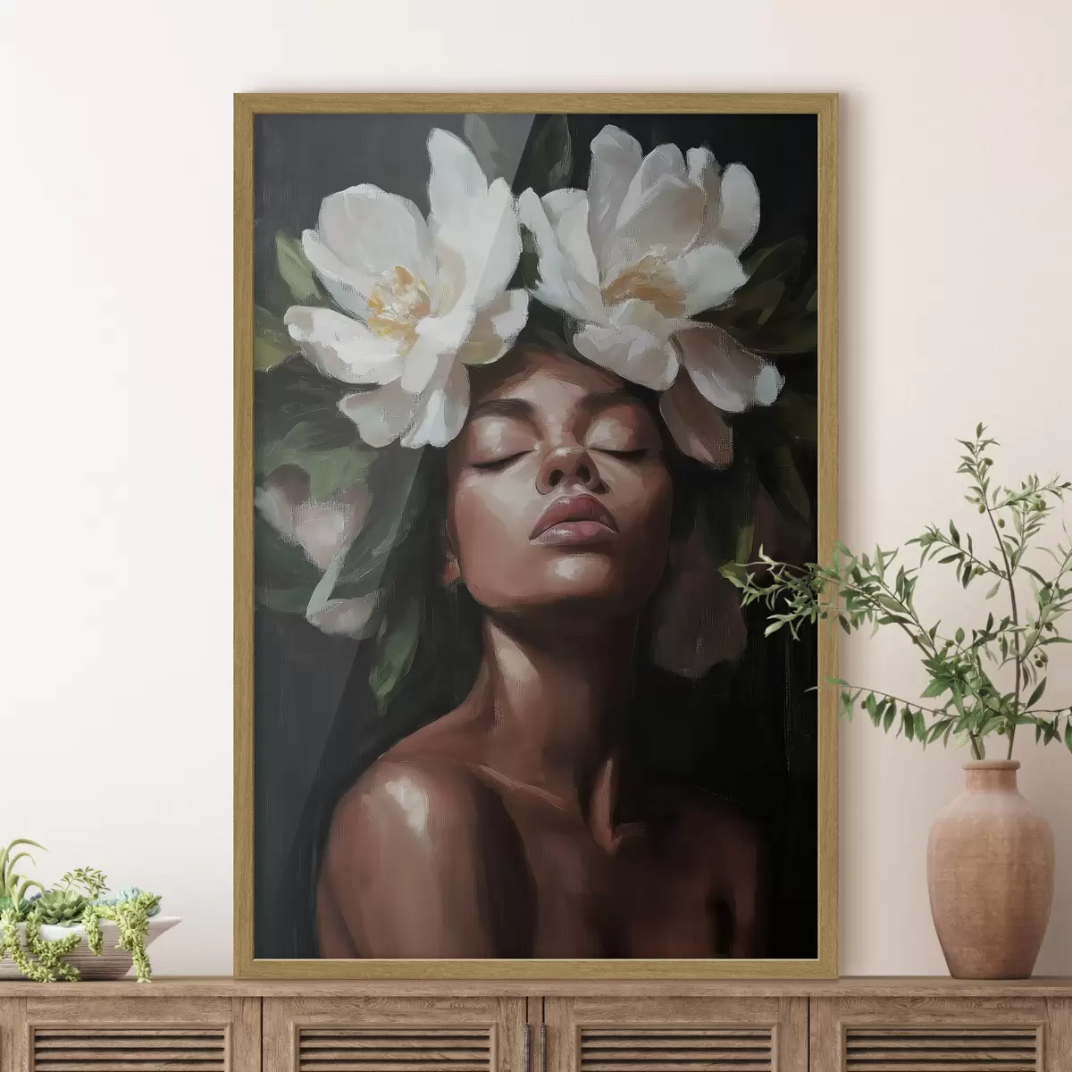 Poster Frauenporträt mit weißen Blumen im Haar auf dunklem Hintergrund f41824