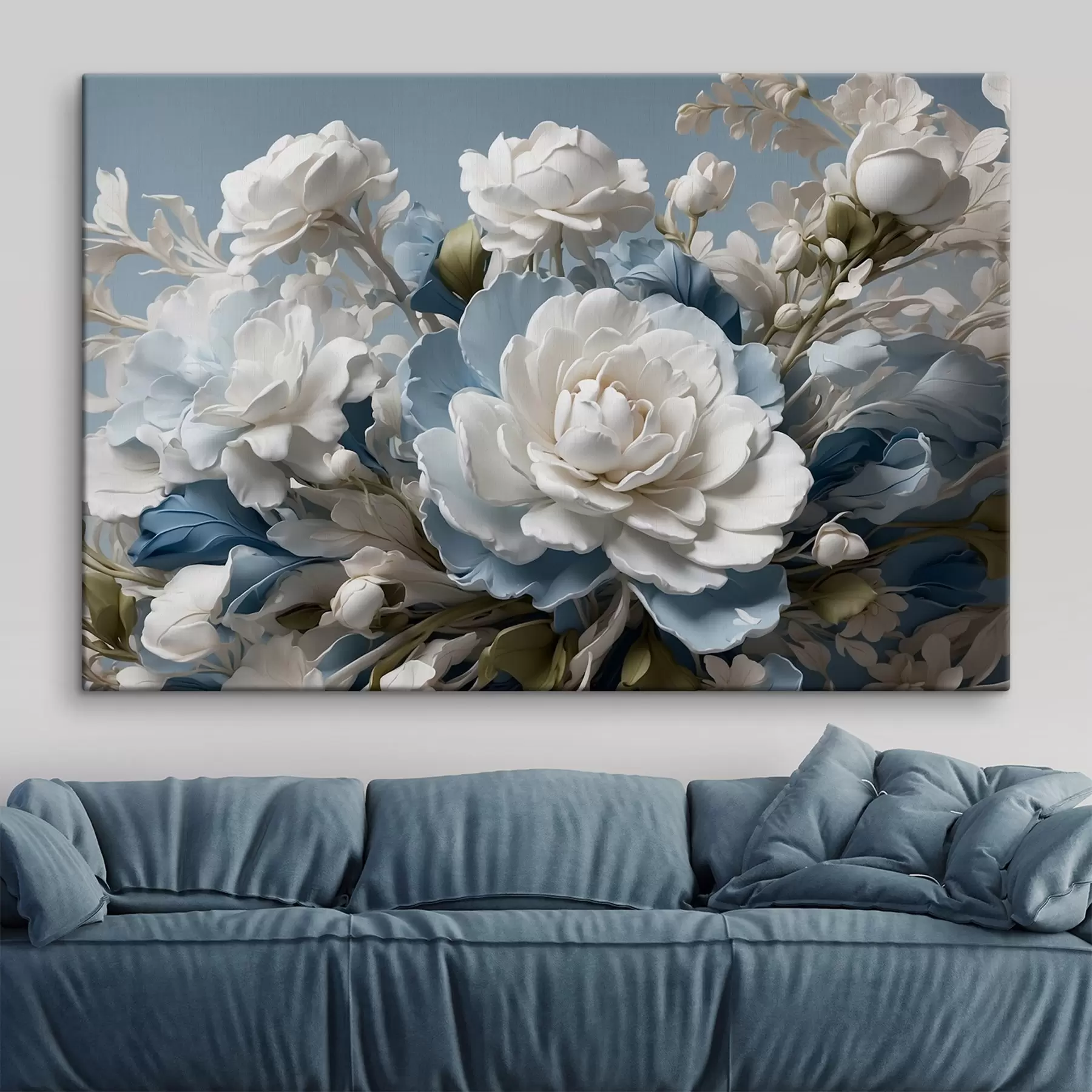 Fototapete Weiße Blumen und Blätter auf blauem Hintergrund s41527