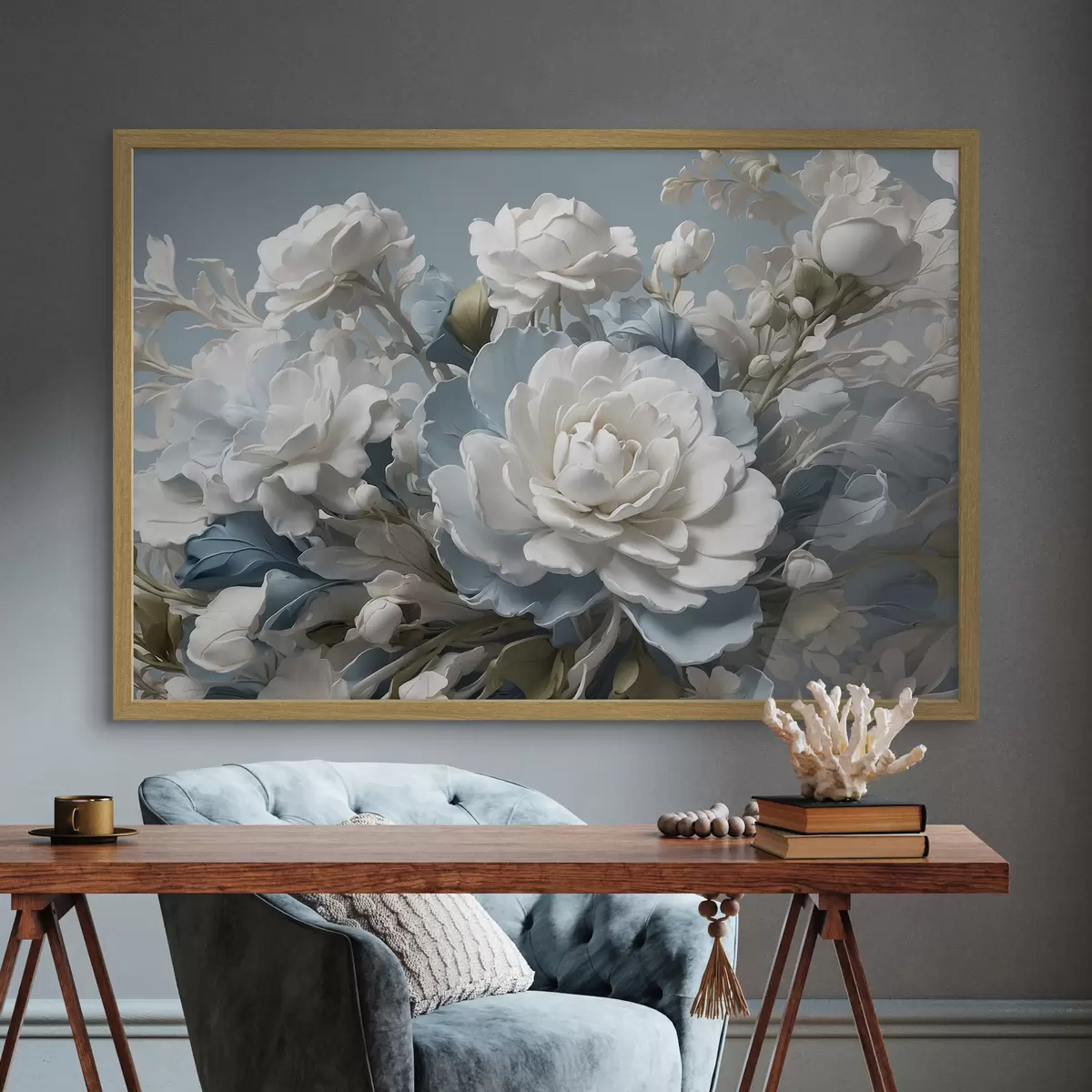 Poster Weiße Blumen und Blätter auf blauem Hintergrund f41527