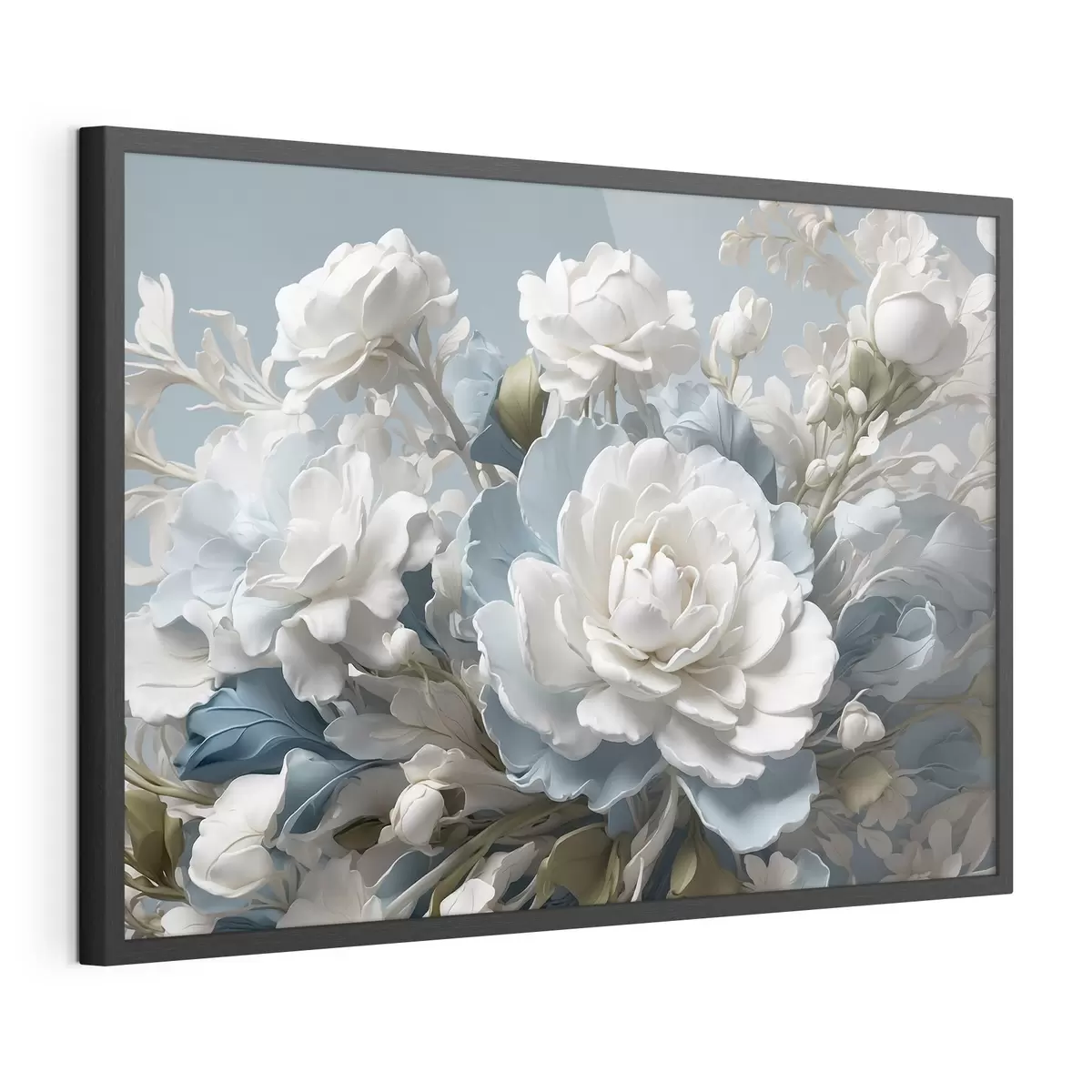 Poster Weiße Blumen und Blätter auf blauem Hintergrund f41527