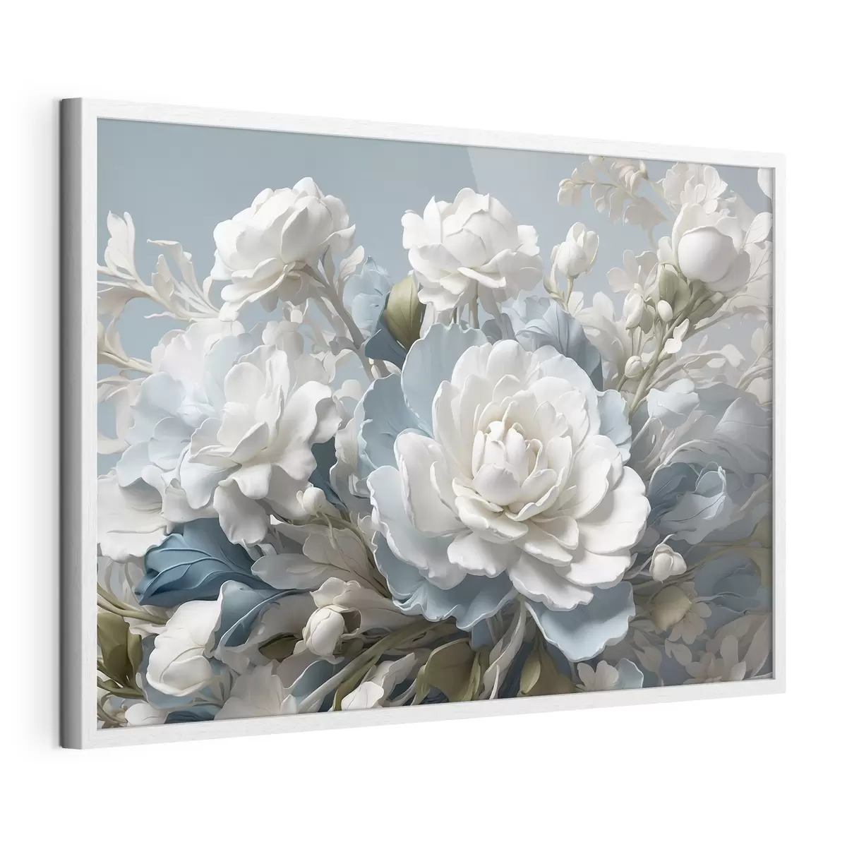 Poster Weiße Blumen und Blätter auf blauem Hintergrund f41527
