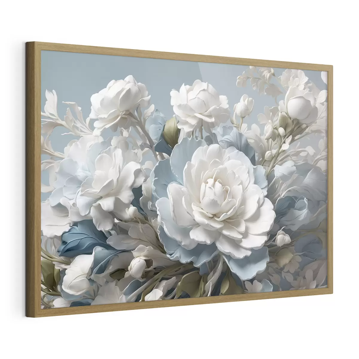 Poster Weiße Blumen und Blätter auf blauem Hintergrund f41527