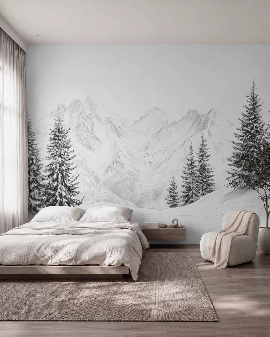 Fototapete Verschneite Berge, Bleistift-Stil Zeichnung, Minimalismus, Wald, Natur w02351