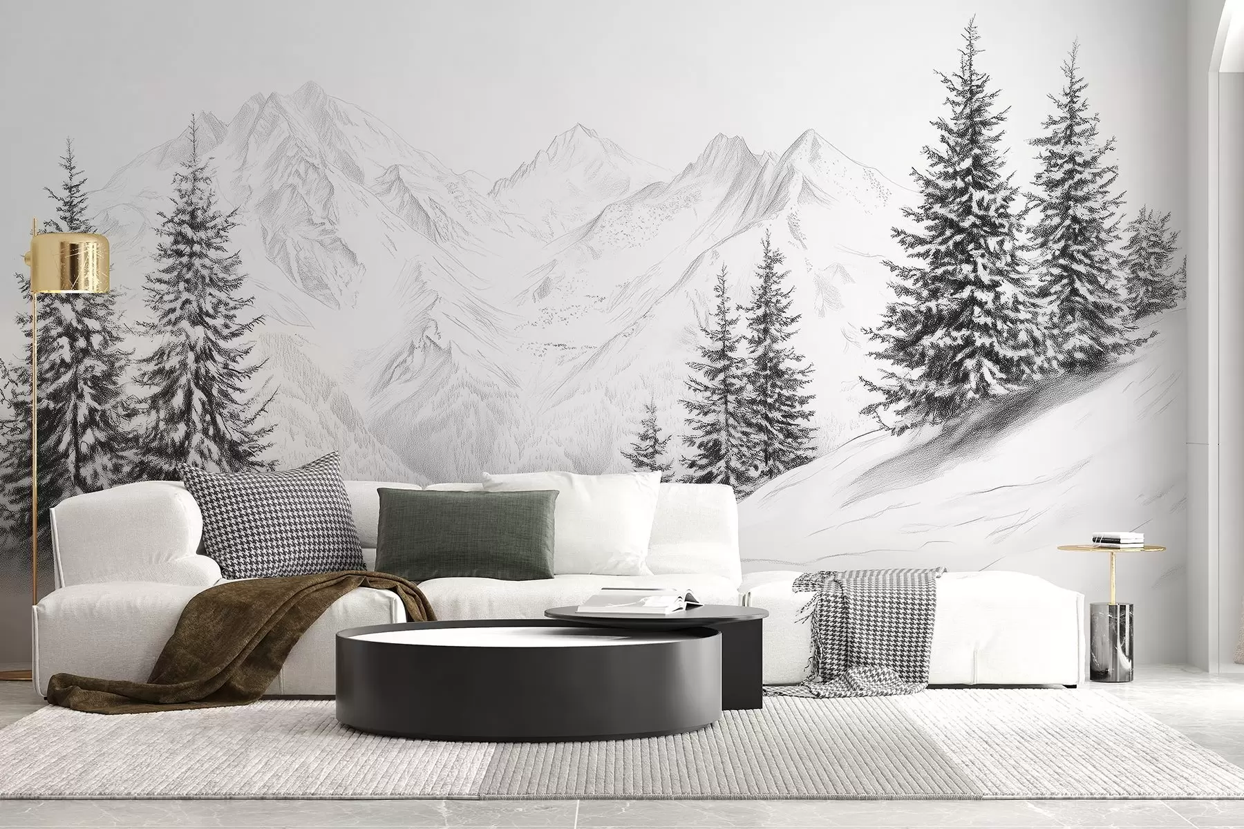 Fototapete Verschneite Berge, Bleistift-Stil Zeichnung, Minimalismus, Wald, Natur w02351