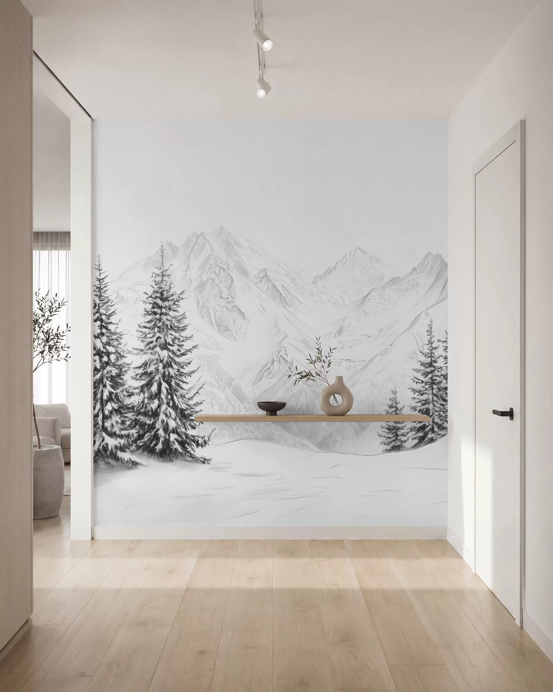 Fototapete Verschneite Berge, Bleistift-Stil Zeichnung, Minimalismus, Wald, Natur w02351