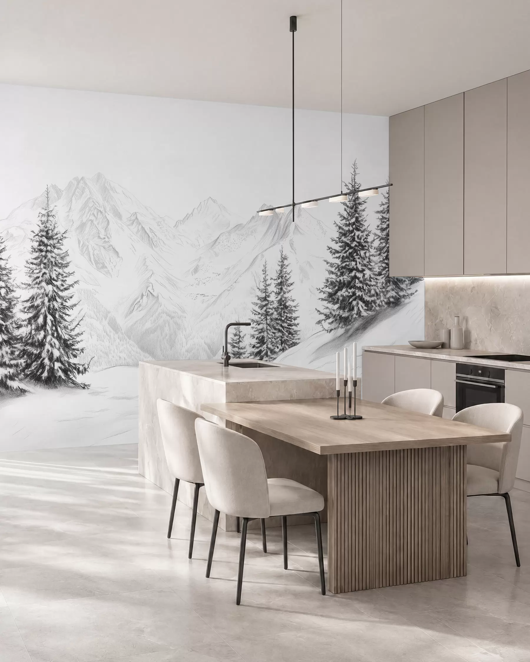Fototapete Verschneite Berge, Bleistift-Stil Zeichnung, Minimalismus, Wald, Natur w02351