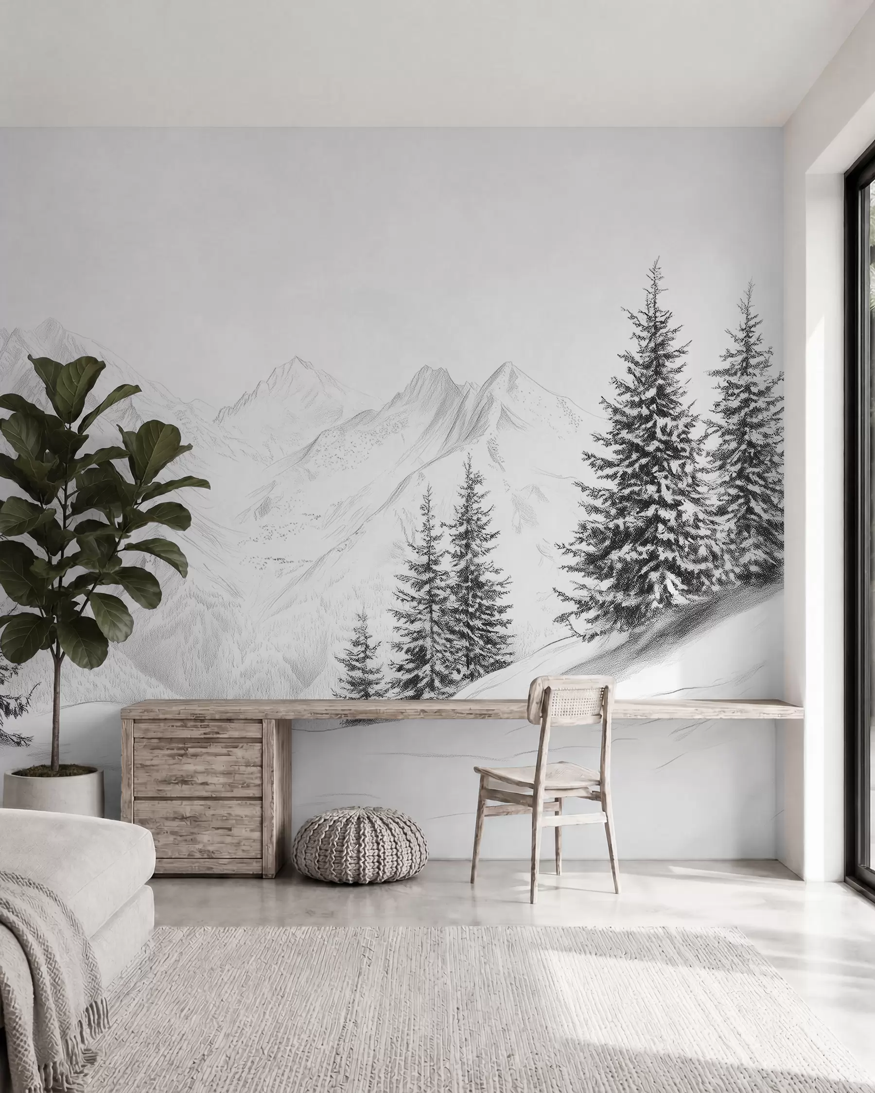 Fototapete Verschneite Berge, Bleistift-Stil Zeichnung, Minimalismus, Wald, Natur w02351