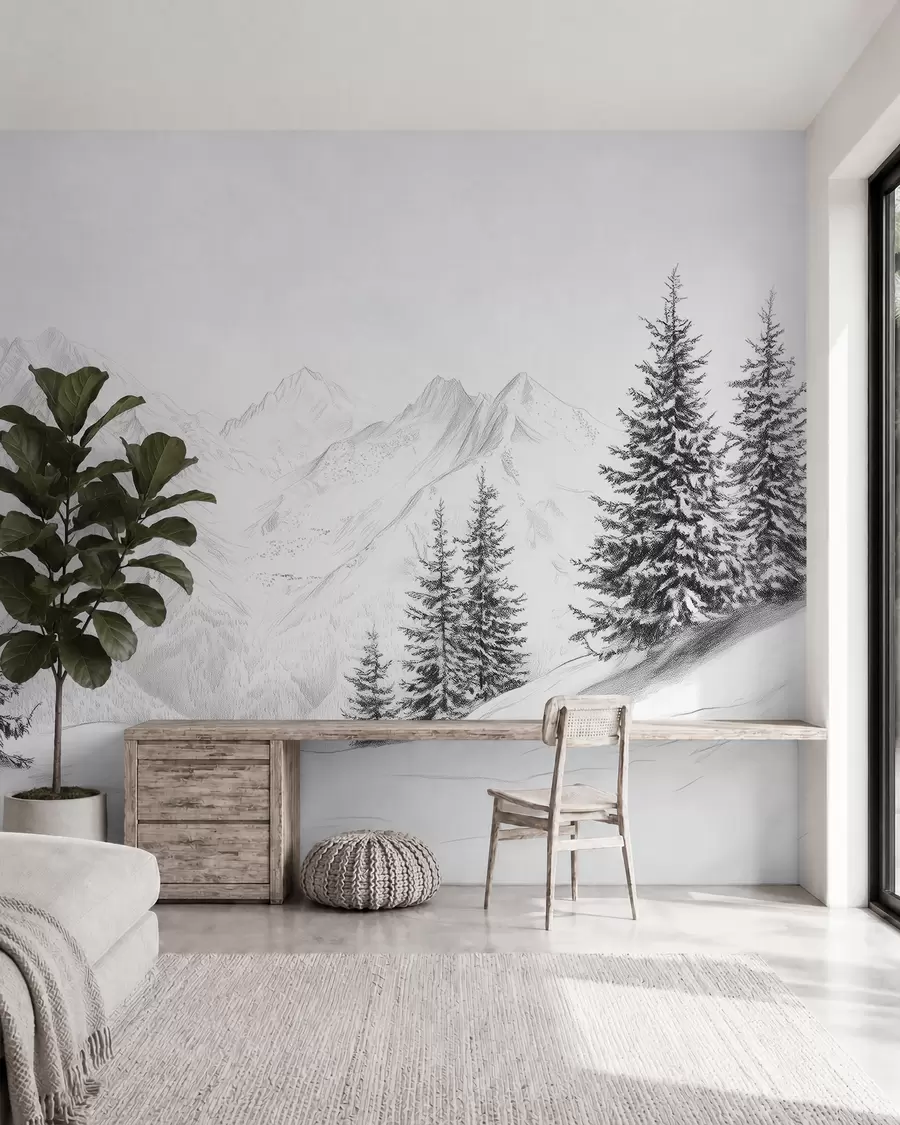 Fototapete Verschneite Berge, Bleistift-Stil Zeichnung, Minimalismus, Wald, Natur w02351