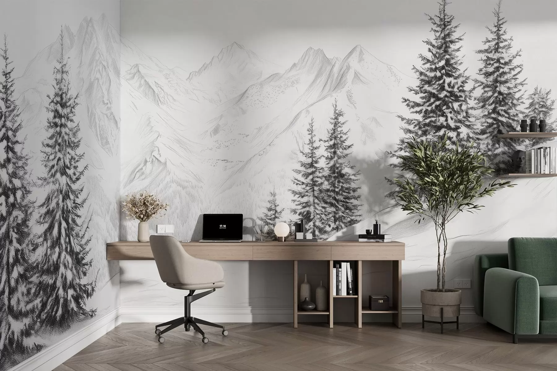 Fototapete Verschneite Berge, Bleistift-Stil Zeichnung, Minimalismus, Wald, Natur w02351