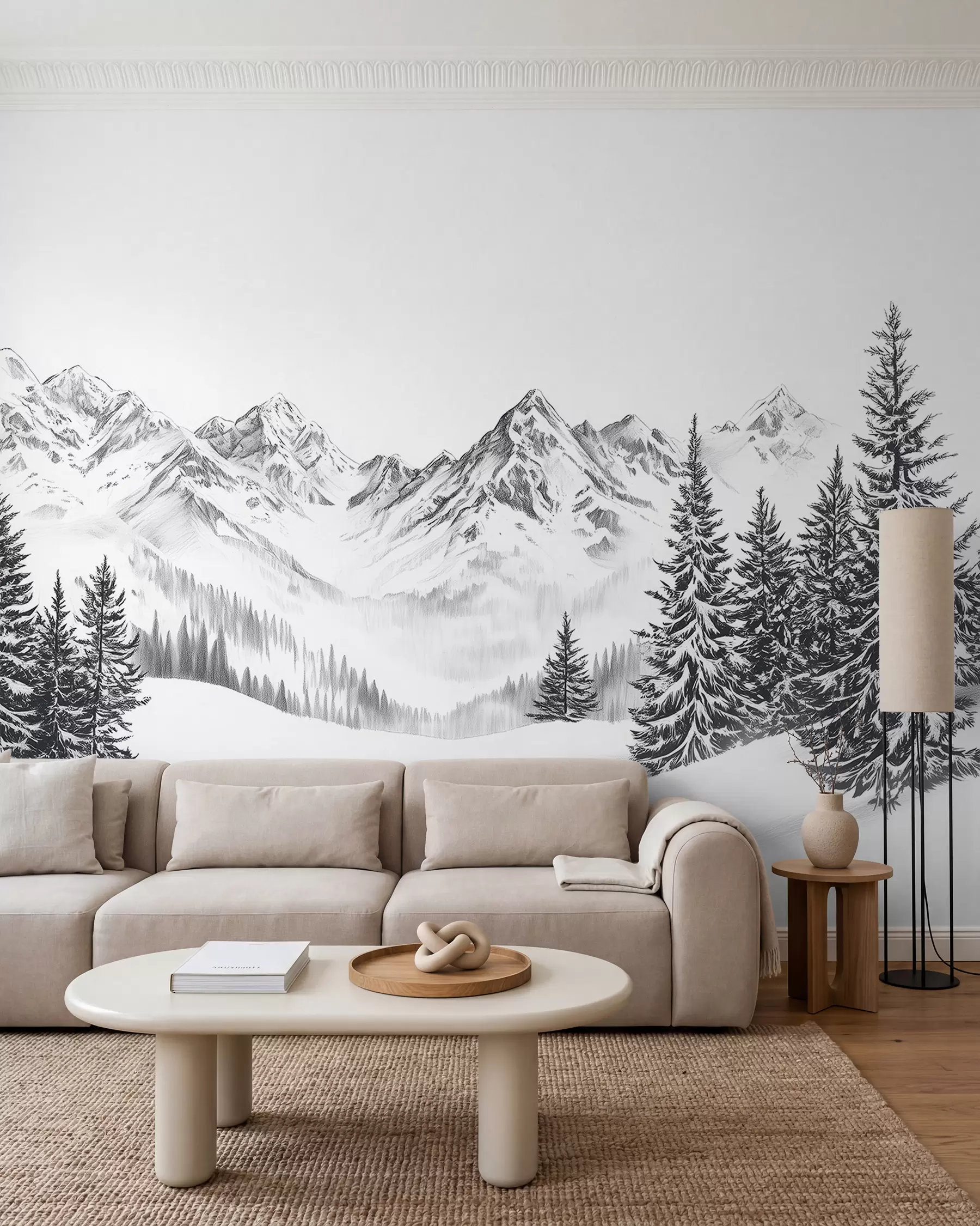 Fototapete Alpine Berge im Schnee, Bleistiftstil, Minimalismus w02352
