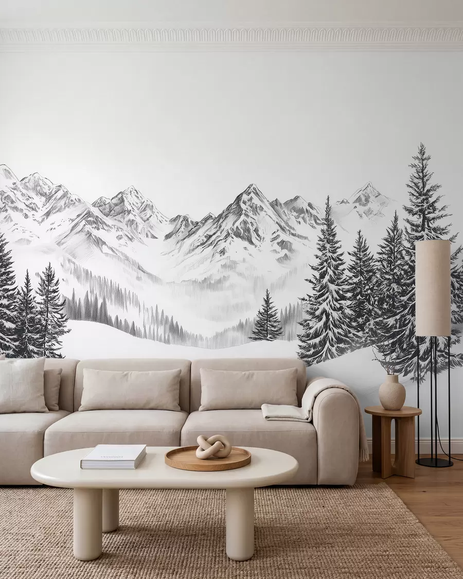 Fototapete Alpine Berge im Schnee, Bleistiftstil, Minimalismus w02352