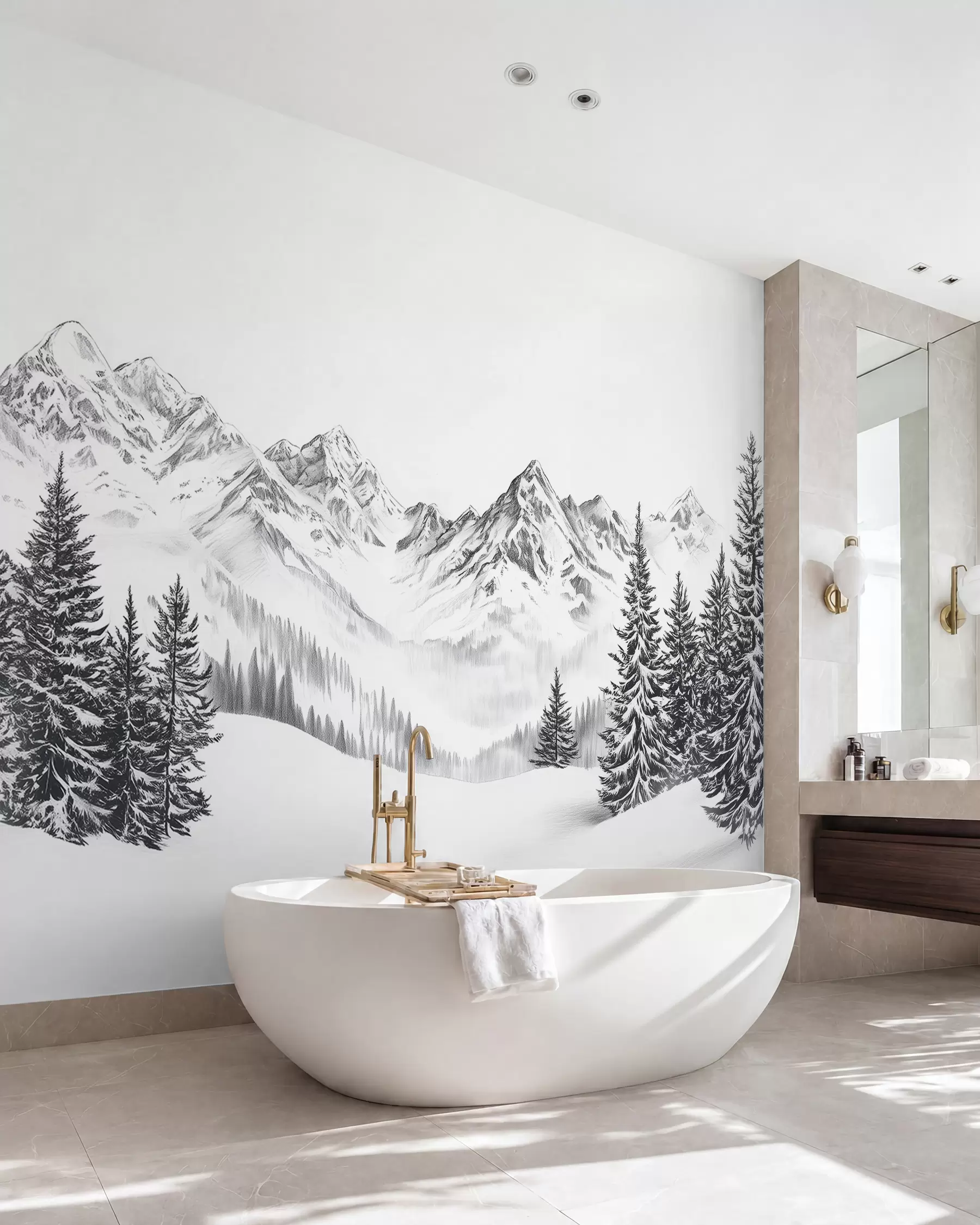 Fototapete Alpine Berge im Schnee, Bleistiftstil, Minimalismus w02352