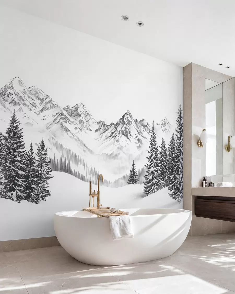 Fototapete Alpine Berge im Schnee, Bleistiftstil, Minimalismus w02352