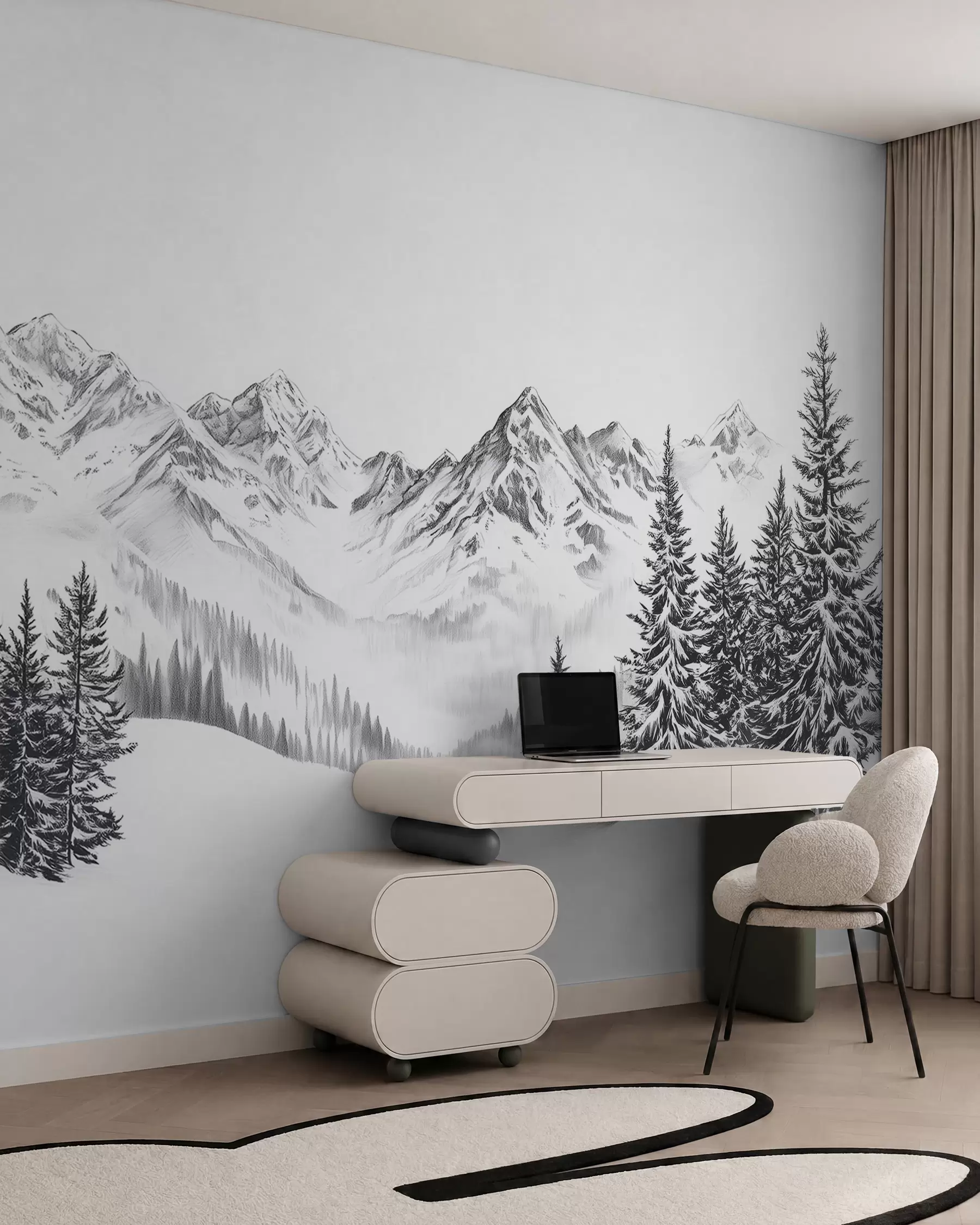 Fototapete Alpine Berge im Schnee, Bleistiftstil, Minimalismus w02352
