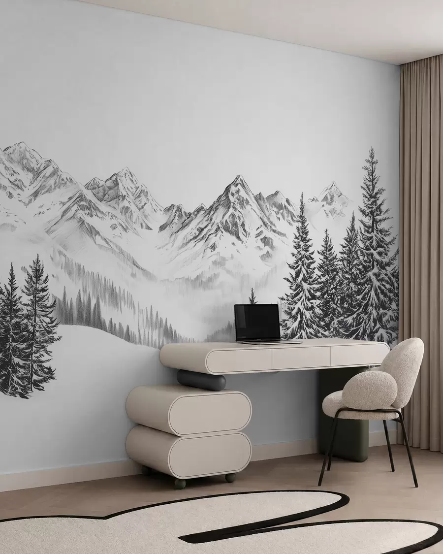 Fototapete Alpine Berge im Schnee, Bleistiftstil, Minimalismus w02352