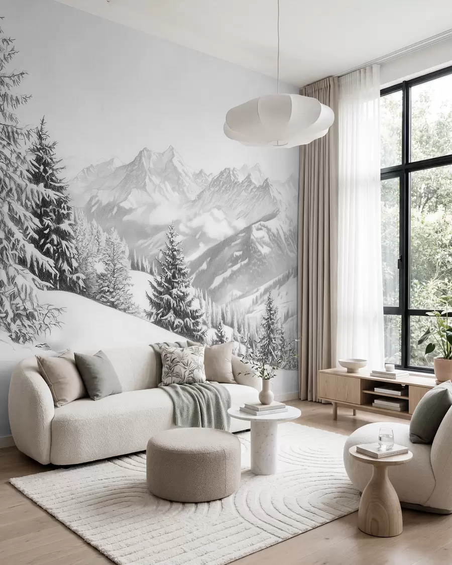 Fototapete Winter in den Bergen, Wald, Alpen, Bleistiftzeichnung, Naturlandschaften w02353