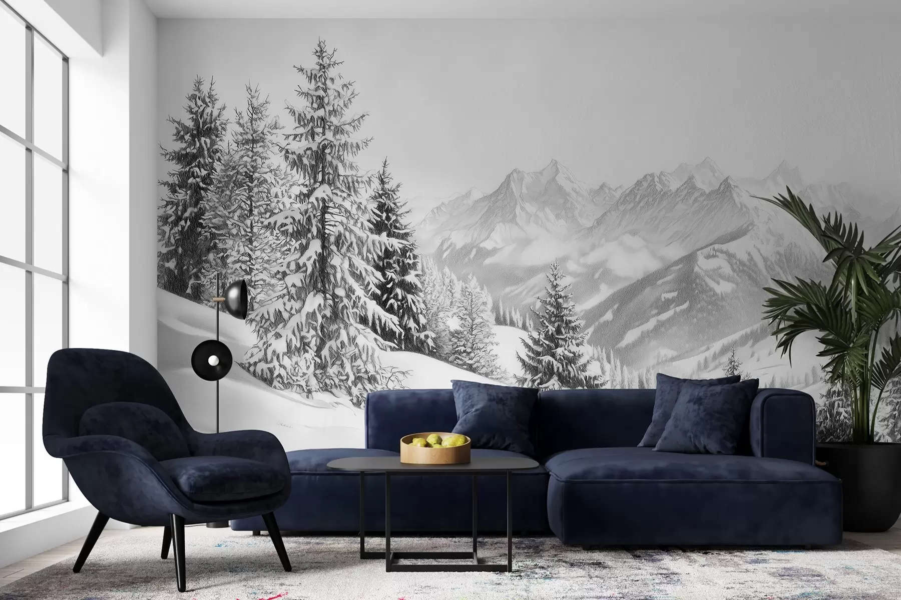 Fototapete Winter in den Bergen, Wald, Alpen, Bleistiftzeichnung, Naturlandschaften w02353