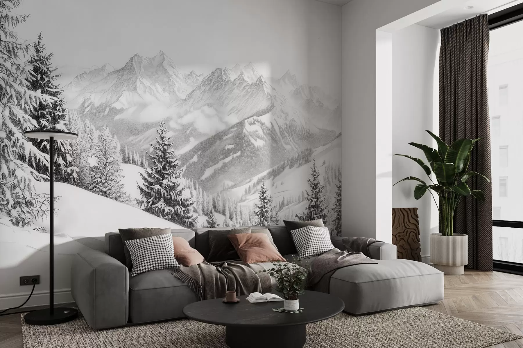 Fototapete Winter in den Bergen, Wald, Alpen, Bleistiftzeichnung, Naturlandschaften w02353