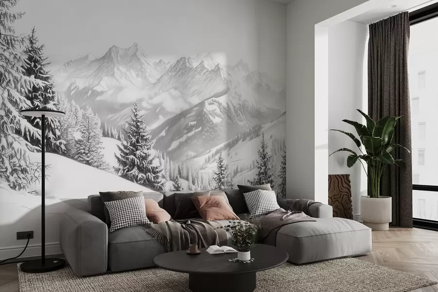 Fototapete Winter in den Bergen, Wald, Alpen, Bleistiftzeichnung, Naturlandschaften w02353