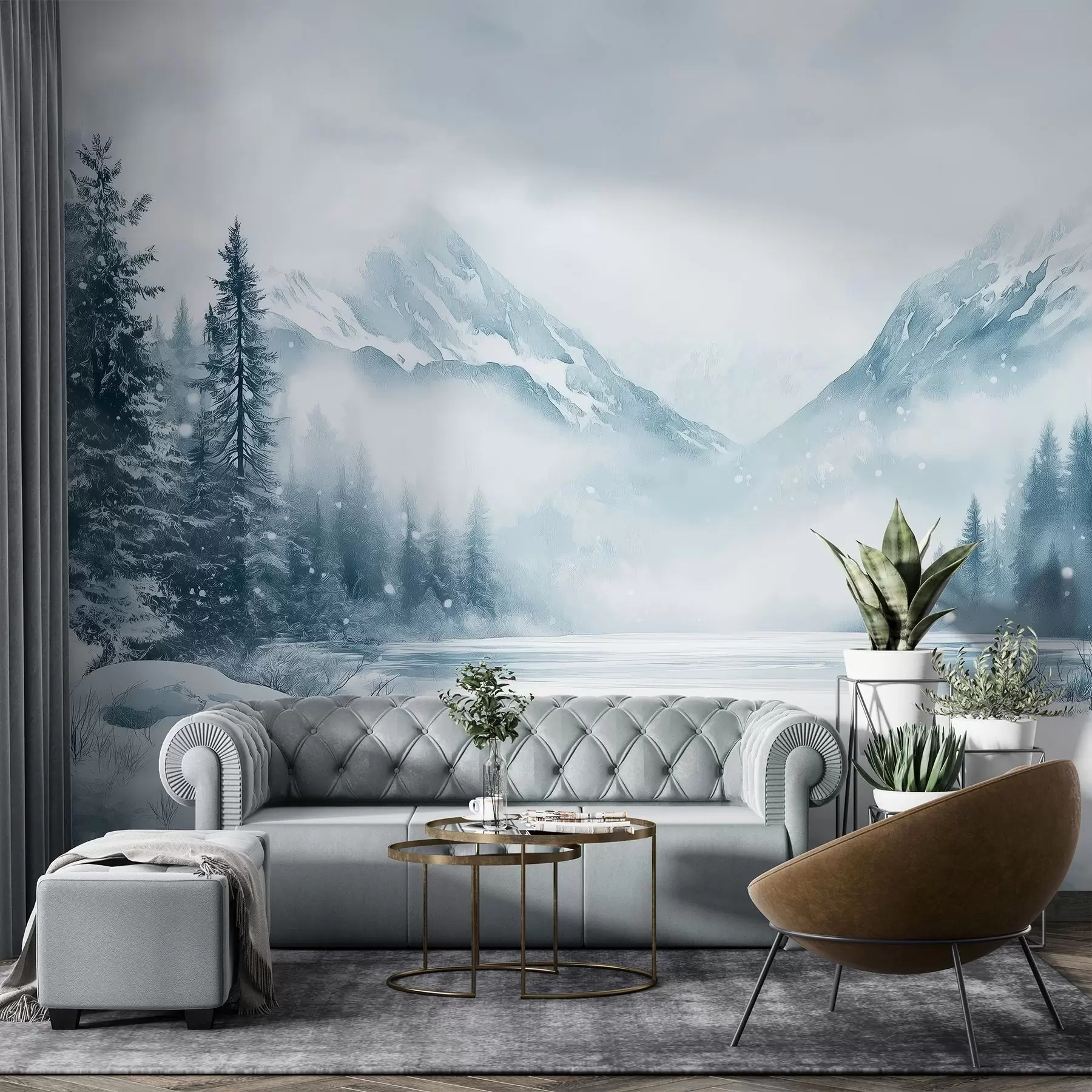 Fototapete Alpine Berge im Schnee, Aquarell-Stil, Winter, blaue Farben, Tannenbäume w02356