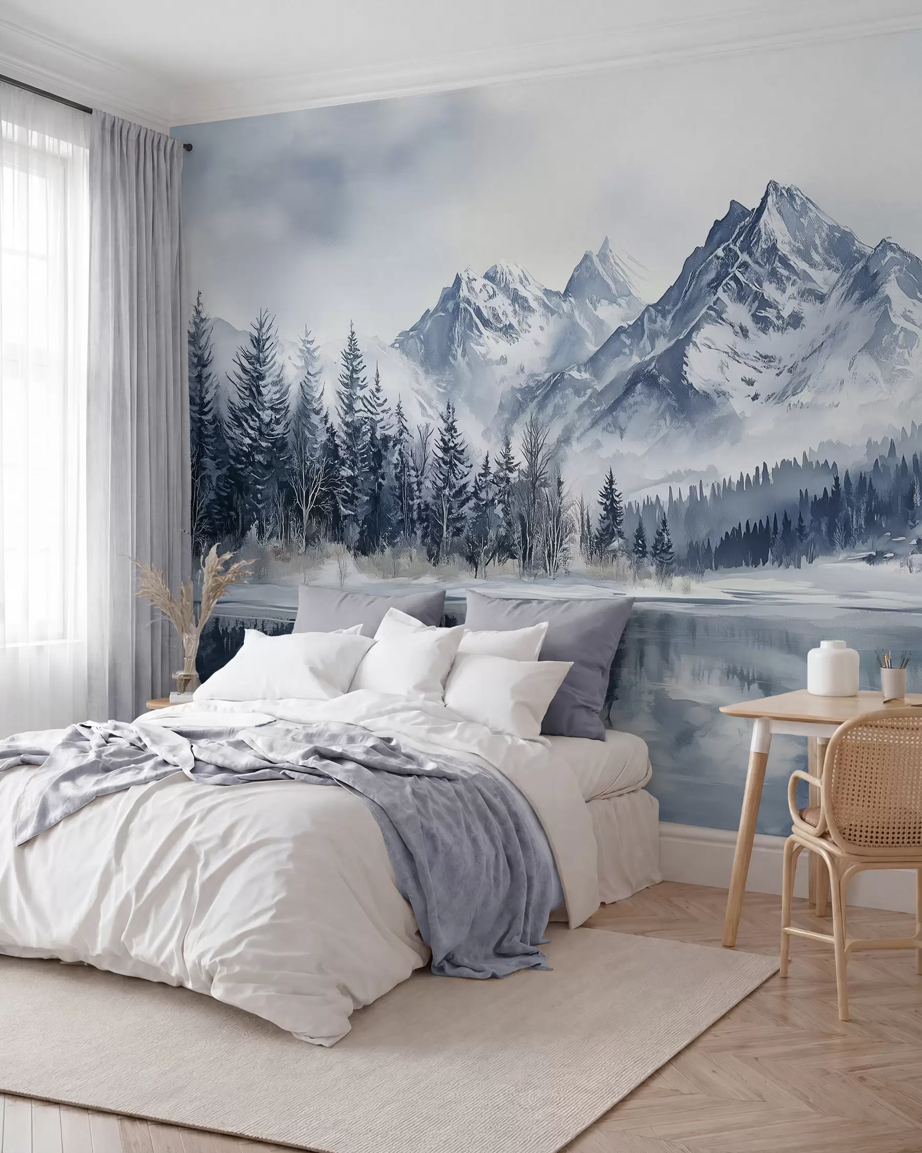 Fototapete Die Alpen im Schnee, Winterwald, zugefrorener See, blaue Farbpalette  w02358