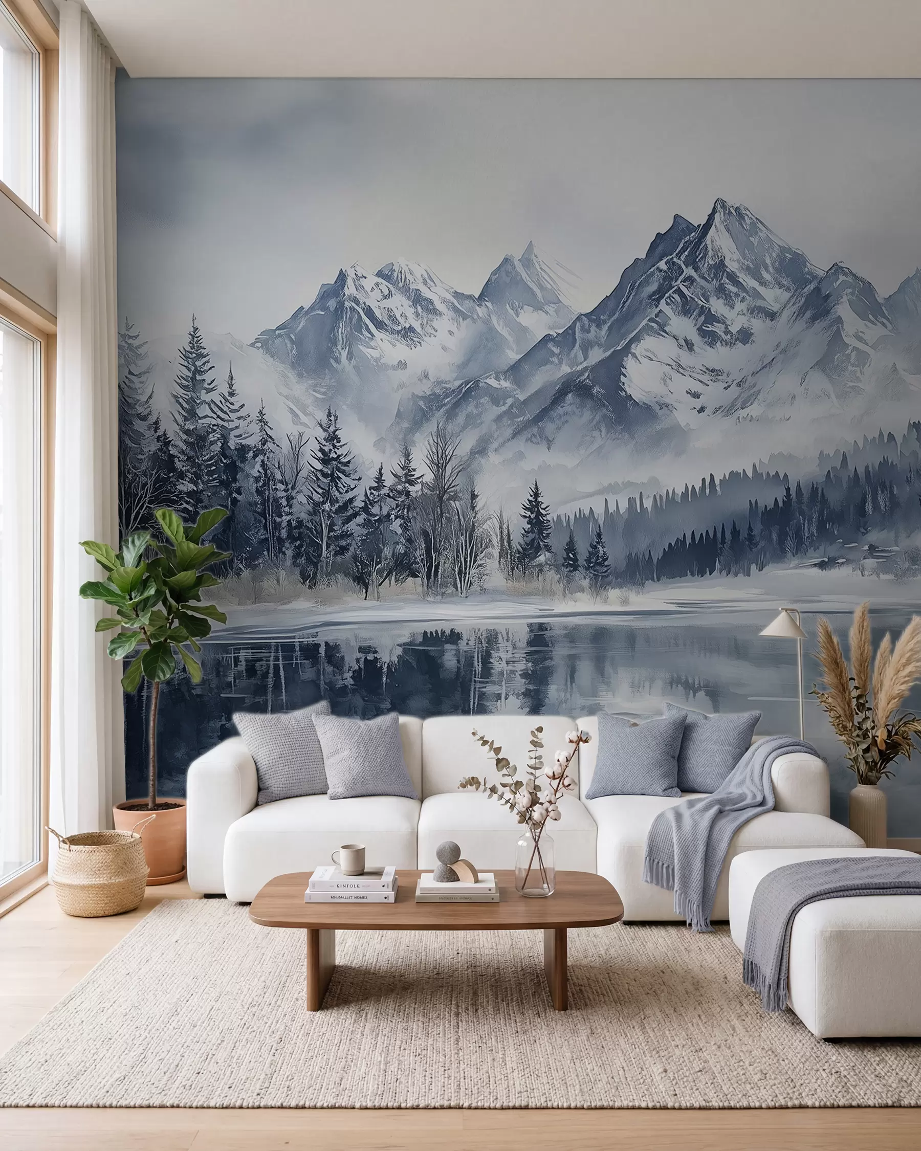 Fototapete Die Alpen im Schnee, Winterwald, zugefrorener See, blaue Farbpalette  w02358
