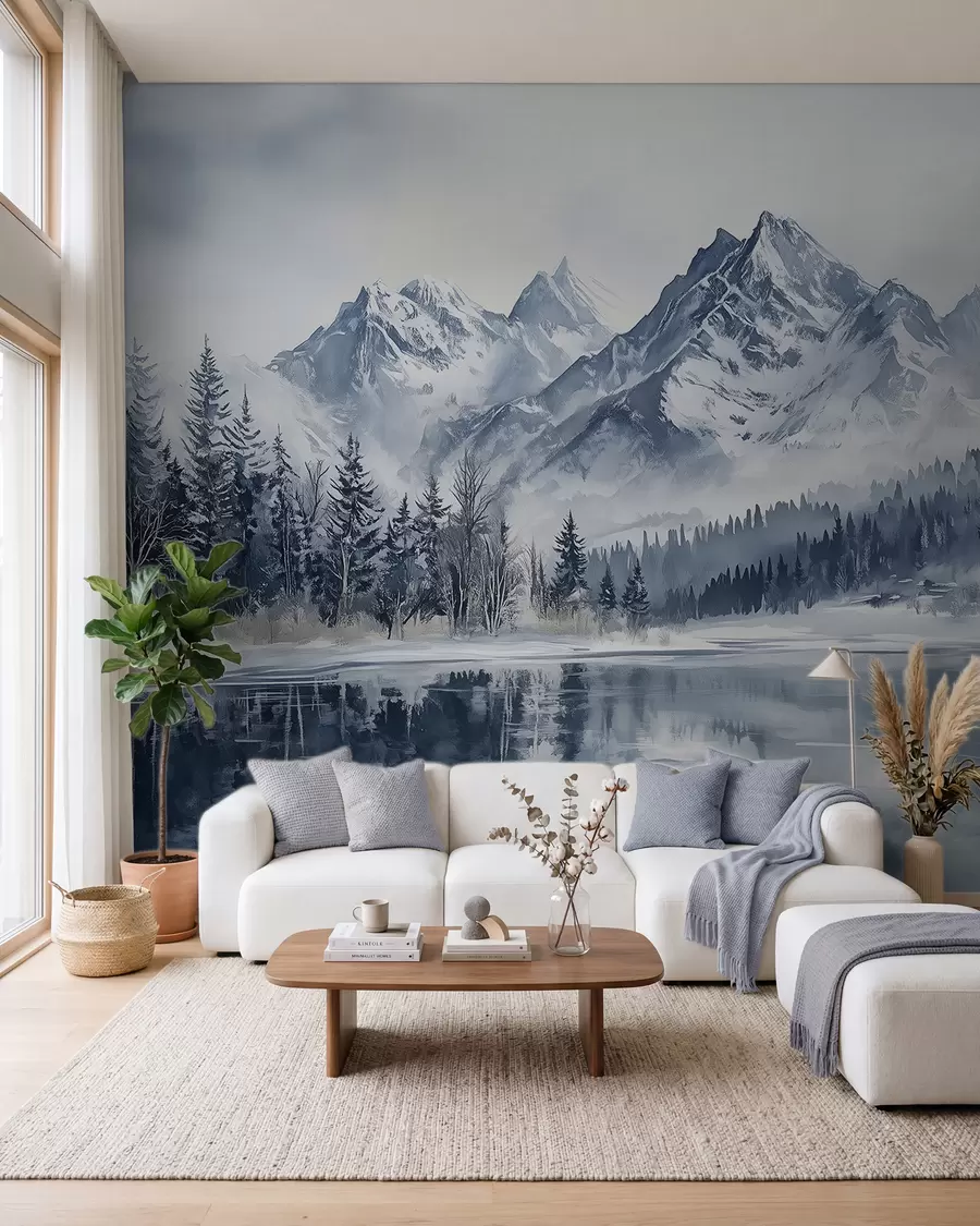 Fototapete Die Alpen im Schnee, Winterwald, zugefrorener See, blaue Farbpalette  w02358