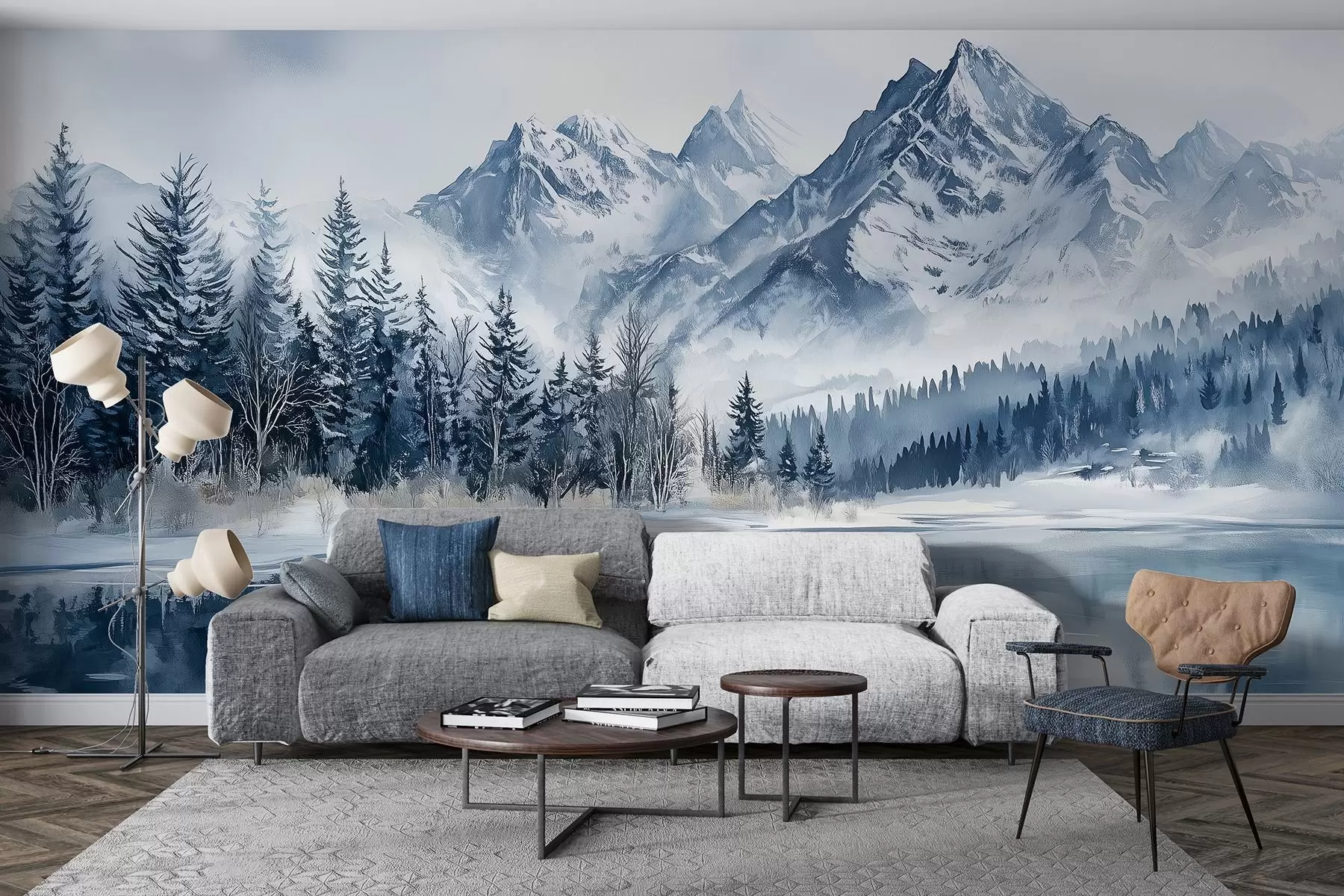 Fototapete Die Alpen im Schnee, Winterwald, zugefrorener See, blaue Farbpalette  w02358