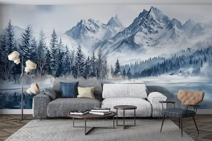 Fototapete Die Alpen im Schnee, Winterwald, zugefrorener See, blaue Farbpalette  w02358