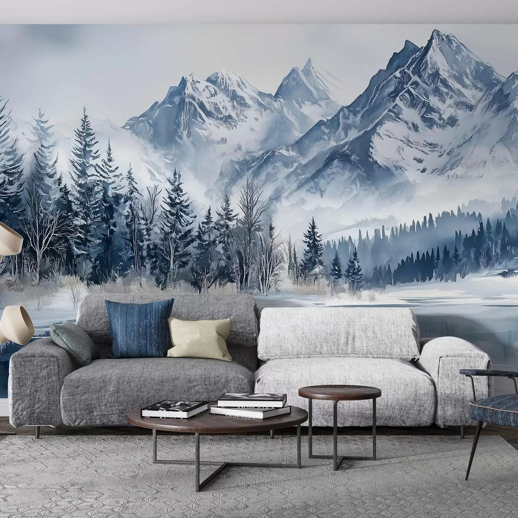 Fototapete Die Alpen im Schnee, Winterwald, zugefrorener See, blaue Farbpalette  w02358