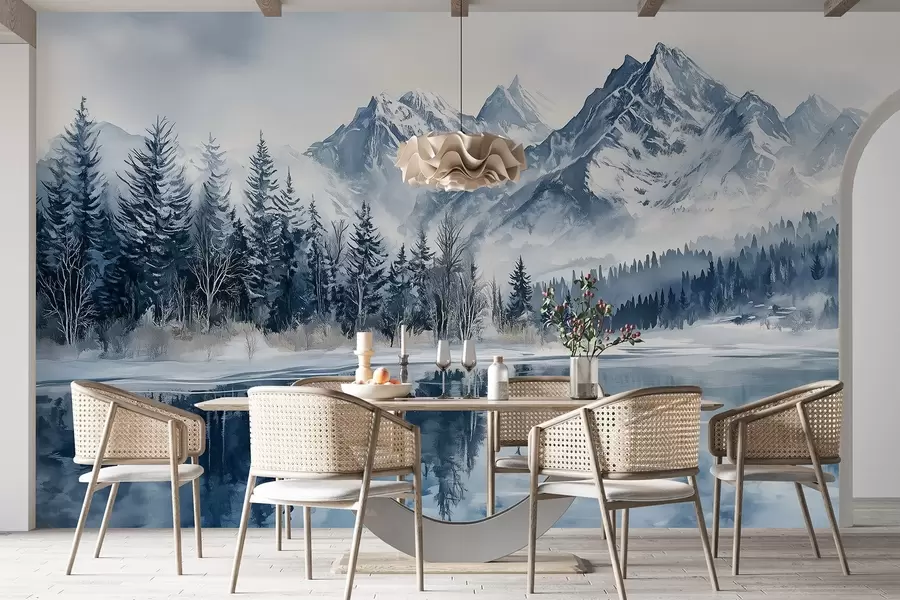 Fototapete Die Alpen im Schnee, Winterwald, zugefrorener See, blaue Farbpalette  w02358