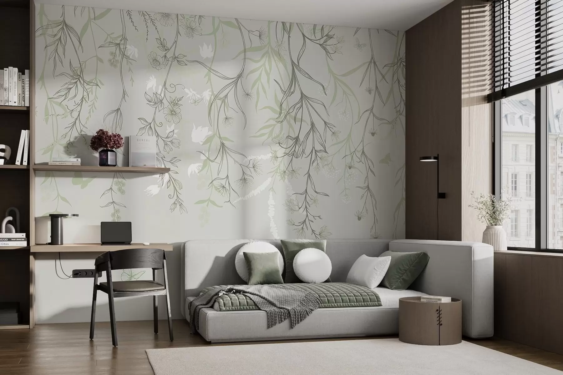 Fototapete Dünne, lineare Blumen hängen vom Berg herab w02007v3