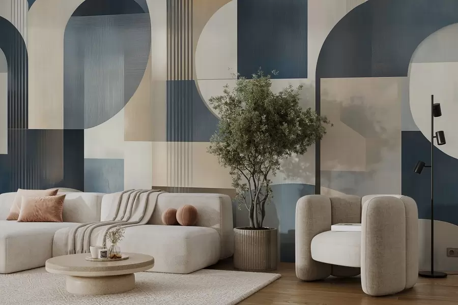 Fototapete Art-Deco-Tapete mit geometrischem Muster in Blau-, Beige- und Milchtönen w02346