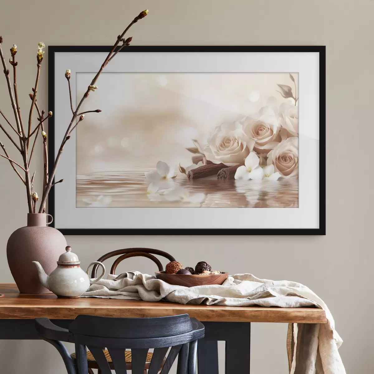 Poster Zarte beige Rosen am Meeresufer f41877