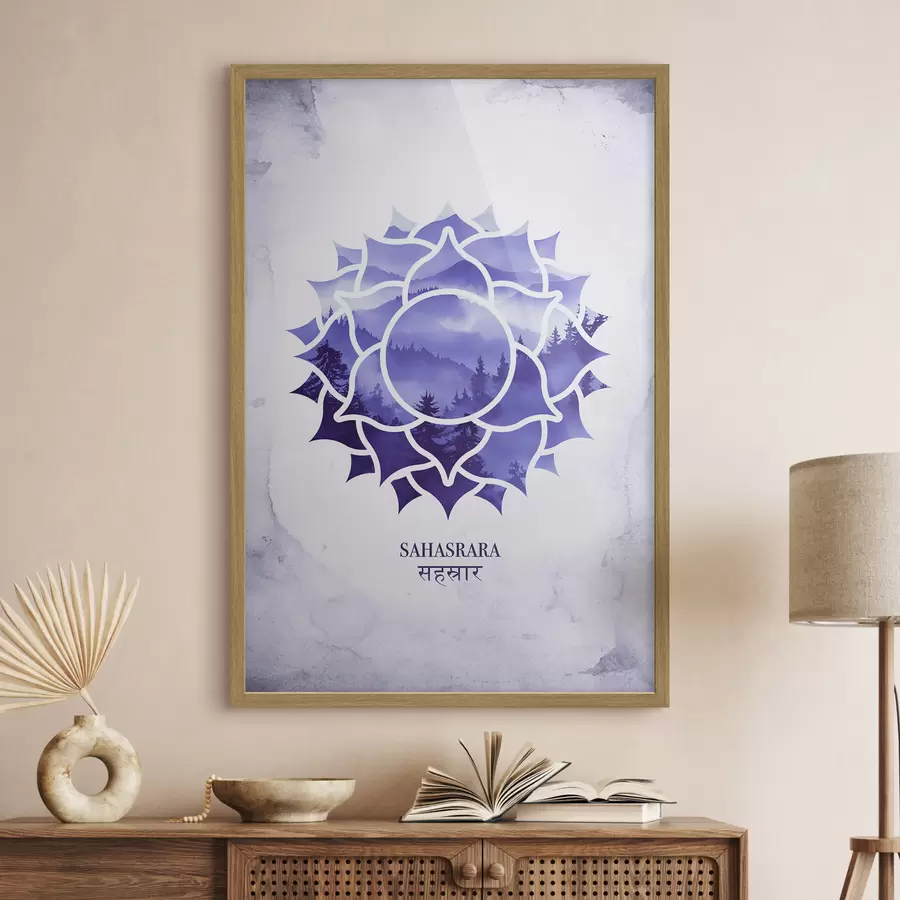 Fototapete Sahasrara-Chakra, violettes Chakra, Esoterik, Meditation, Buddhismus, Berge im Aquarellstil f41886