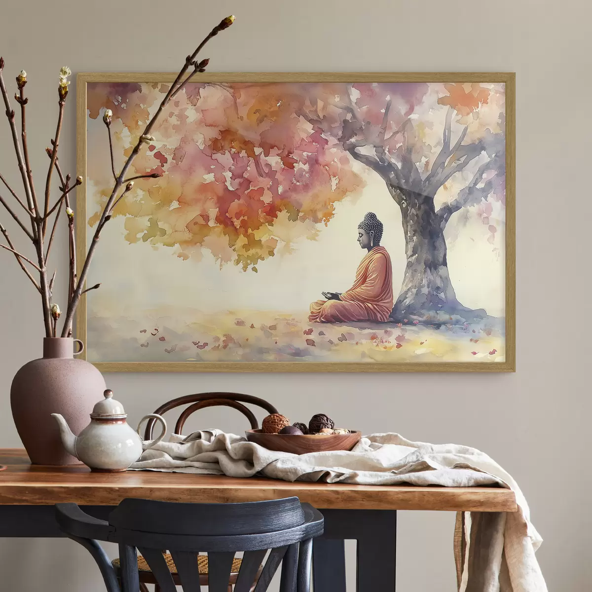 Poster Buddha meditiert unter dem Baum, Aquarellstil, Herbst, Esoterik f41887