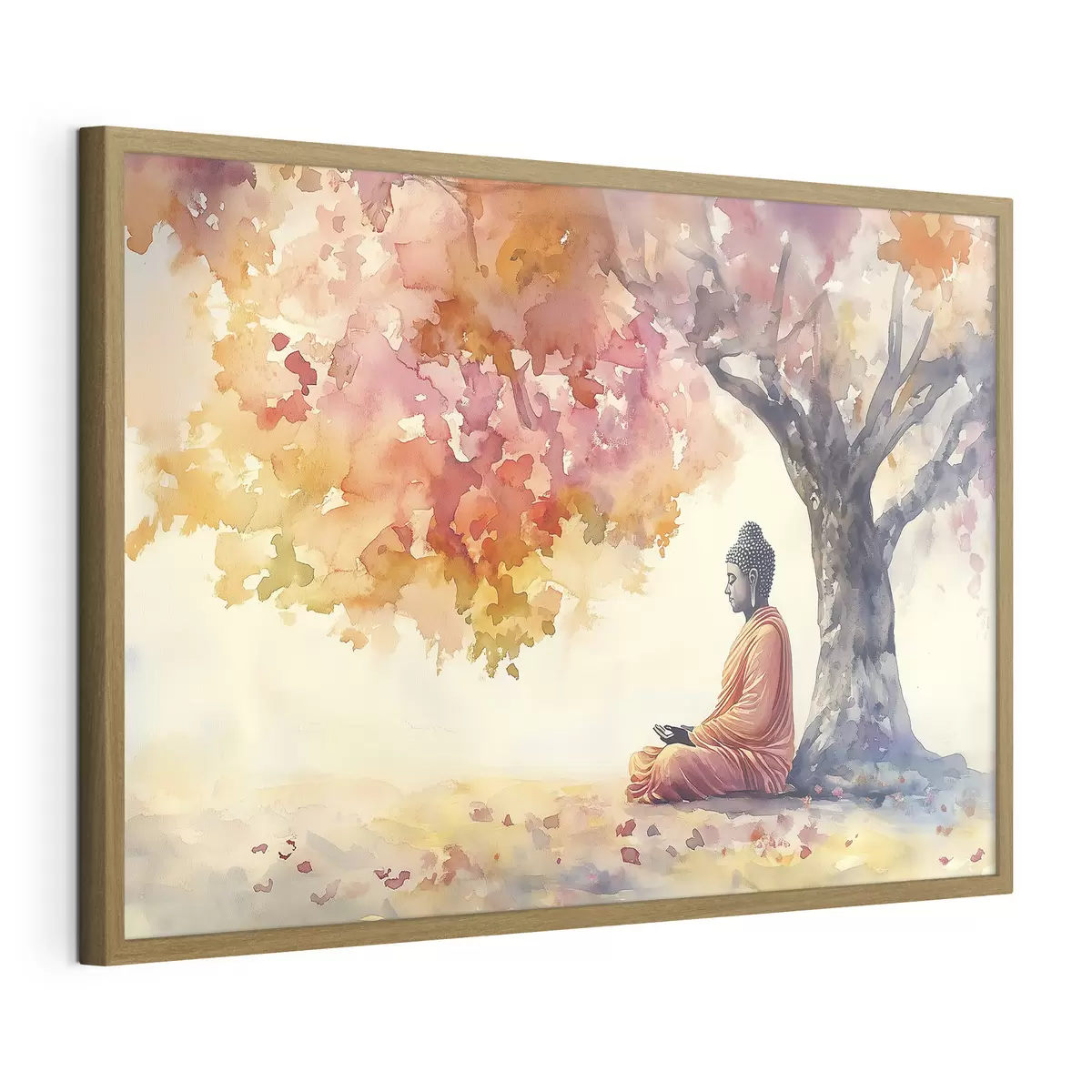 Poster Buddha meditiert unter dem Baum, Aquarellstil, Herbst, Esoterik f41887