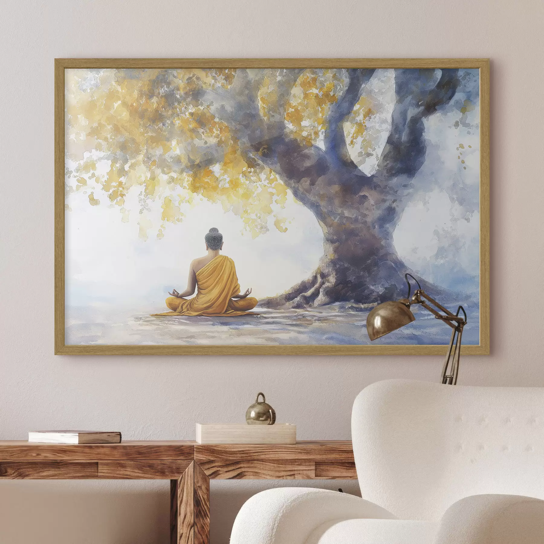 Fototapete Meditation unter dem Baum, Buddha, Aquarellstil, gelbe und blaue Farben f41888