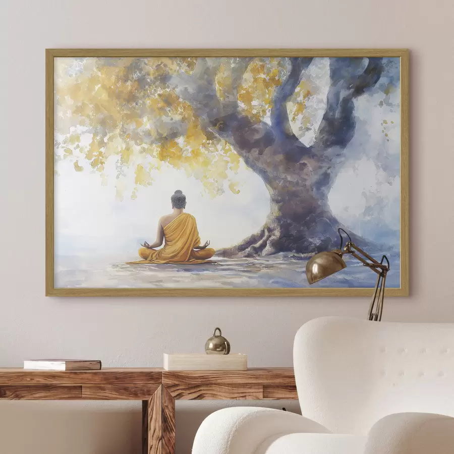 Fototapete Meditation unter dem Baum, Buddha, Aquarellstil, gelbe und blaue Farben f41888