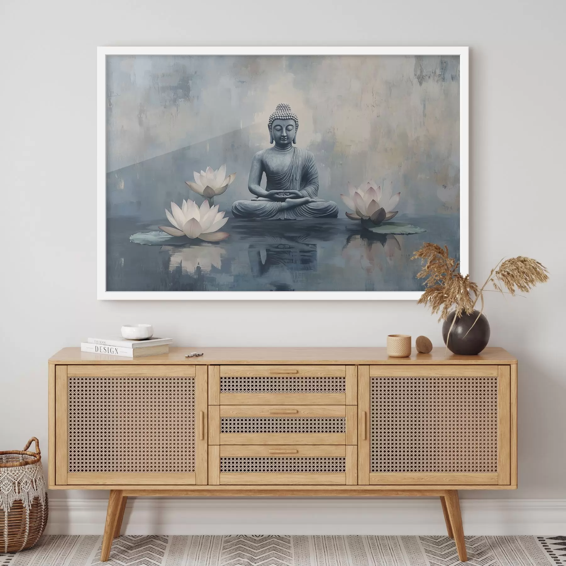 Fototapete Meditierender Buddha im See mit Lotusblumen, orientalisch, Acryl-Stil f41891