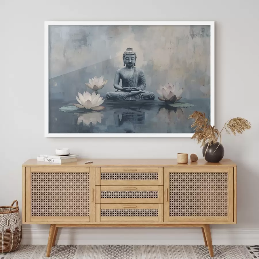 Fototapete Meditierender Buddha im See mit Lotusblumen, orientalisch, Acryl-Stil f41891