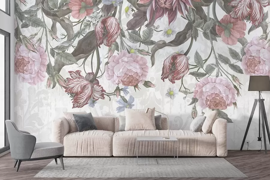 Fototapete Ein üppiges Blumenarrangement mit großen rosa und weißen Blüten, grünen Blättern und Stielen  w08435