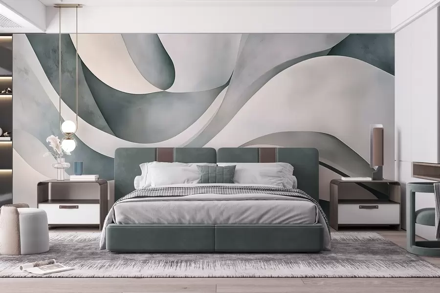 Fototapete Weiße, blaue und graue geschwungene Formen, die einen abstrakten, texturierten, modernen und minimalistischen Druck erzeugen  w08439v1